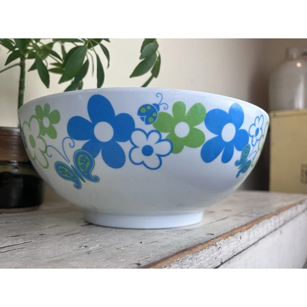 Vintage Whimsical Serving Bowl 70’s Vibe Butterflies Flowers Ladybugs 10” Retro